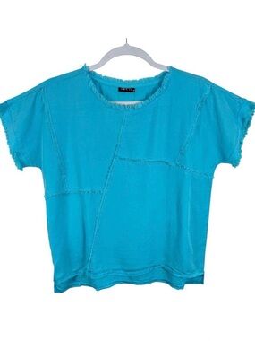 APNY 100% Tencel Blue Bright Light Oversized Fringe Short Sleeve Blouse Beachy M